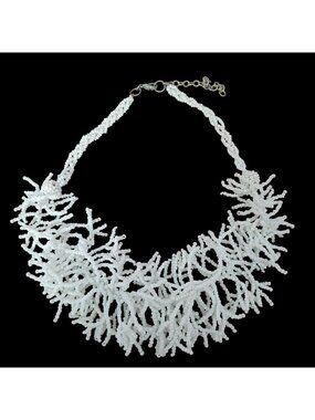 White Glass Seed Bead Fringe Choker Necklace